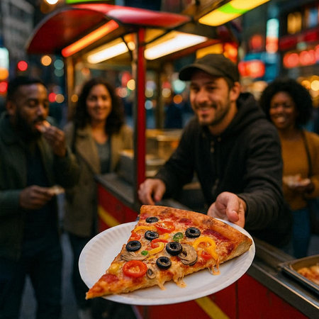 Group of friends eating pizza on the street in New York City.