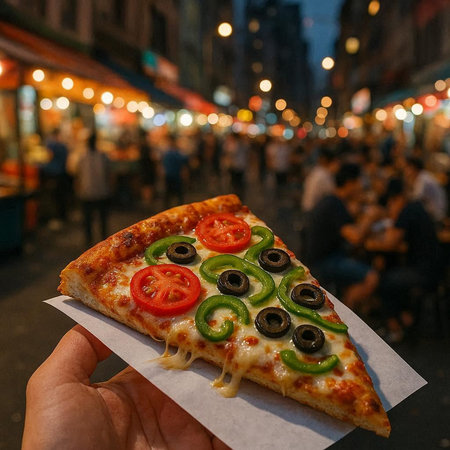 Pizza with olives, tomato and cheese on the street.の写真素材