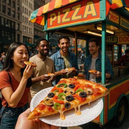 People eating pizza on the street in New York City, USA.