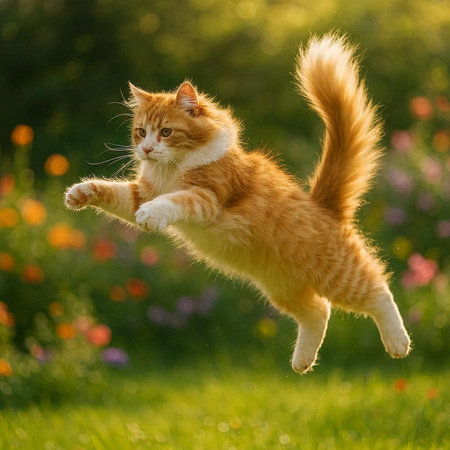 Cute ginger kitten jumping on green grass in summer garden. Fluffy pet having fun outdoors.