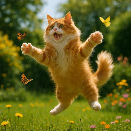 Cute ginger cat jumping in the green grass with flying butterflies.