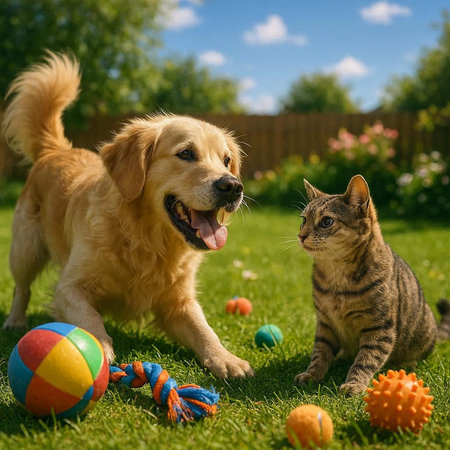 Cat and dog playing with balls in garden. Golden Retriever and tabby cat together.