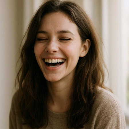 Portrait of a smiling young woman looking at the camera and laughing