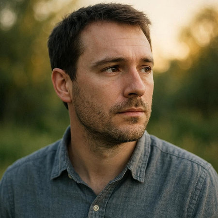 Portrait of a man in a blue shirt on a background of nature