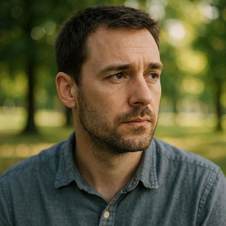 Portrait of a handsome man in a blue shirt in the park