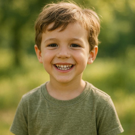 Portrait of a smiling little boy in a green t-shirtの写真素材