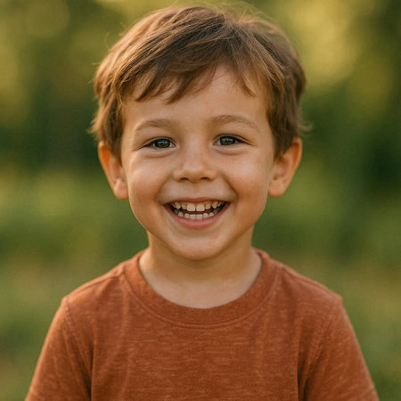 Portrait of a smiling little boy on a background of green grass