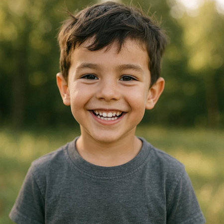 Portrait of a boy smiling and looking at the camera in the parkの写真素材