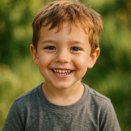 Portrait of a smiling little boy in the park on a summer day