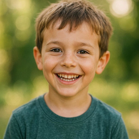 Portrait of a smiling boy in a green t-shirt.