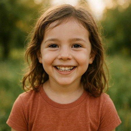 Portrait of a smiling little girl with long hair in the park