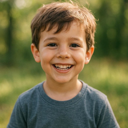 portrait of a cute little boy with a smile on his face in the park