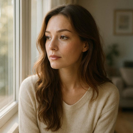 Portrait of a young beautiful woman with long brown hair in a beige sweater against the window.