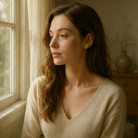 Portrait of a young woman in a beige sweater by the window