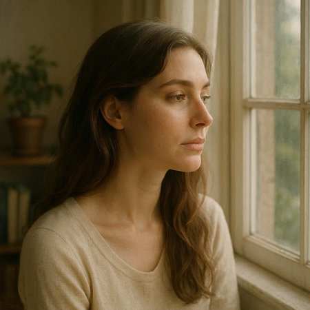 Portrait of a young woman looking out the window at home.