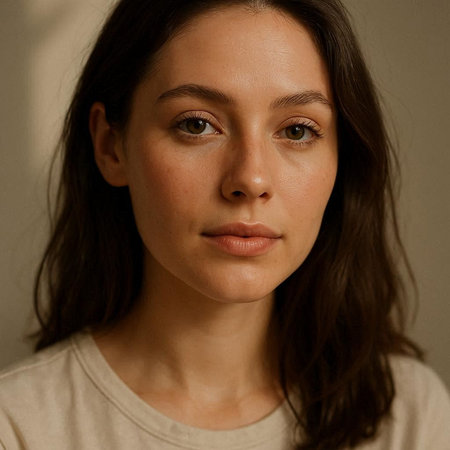 Portrait of a beautiful young woman with long brown hair and freckles