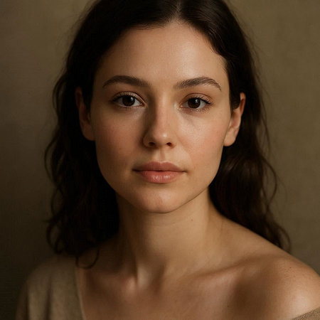Portrait of a beautiful young woman in a beige dress.の写真素材