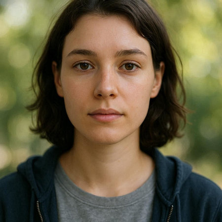 Portrait of a beautiful young woman with dark hair and blue eyes