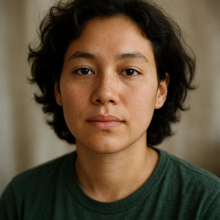 Portrait of a young woman with dark hair and green t-shirt