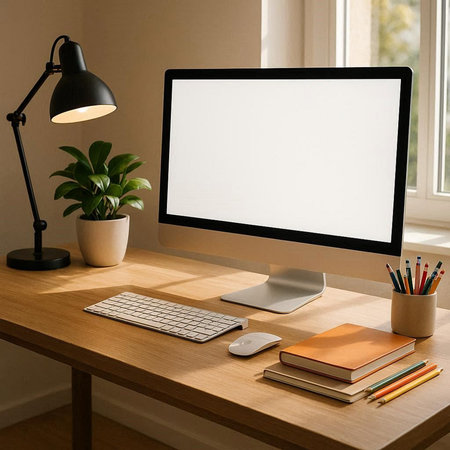 Workspace with blank screen computer and stationery on a wooden table.