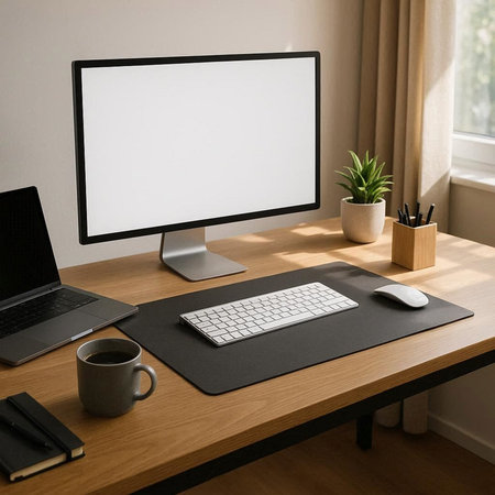 Workplace with blank screen computer, keyboard, mouse and coffee cup on wooden table