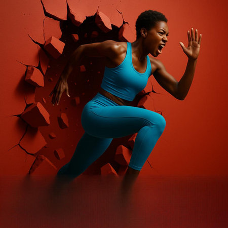 Beautiful african american woman in sportswear running through cracked wallの写真素材