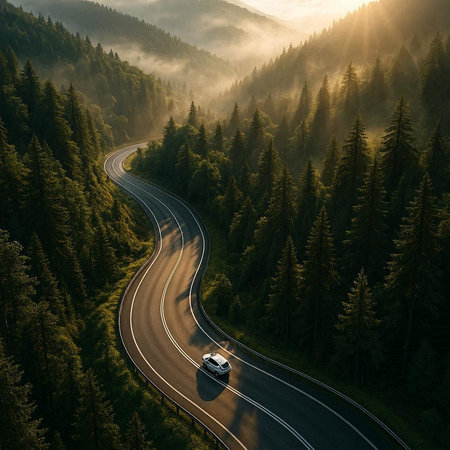 Aerial view of car on the road in the forest at sunset