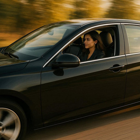 Young woman driving a black car on the road in motion blur.