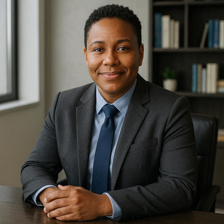 Portrait of a confident African American businessman sitting at his desk in office