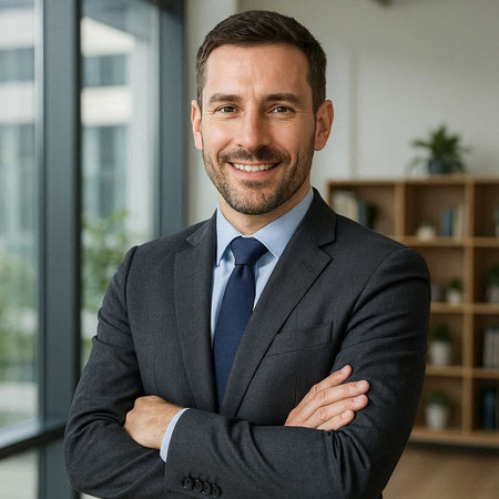 Portrait of a smiling businessman standing with arms crossed in the office
