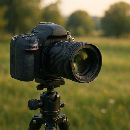 Camera on a tripod in the field at sunset. Close-up.