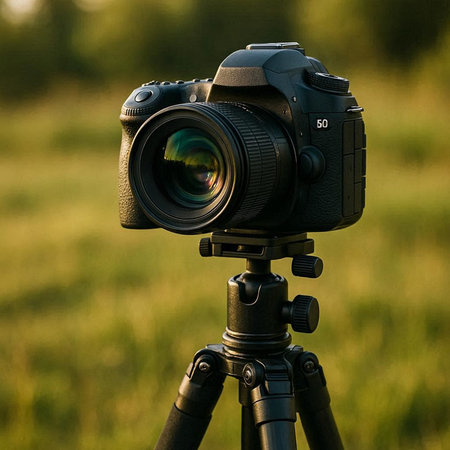 Digital camera on a tripod in the field. Shallow depth of field