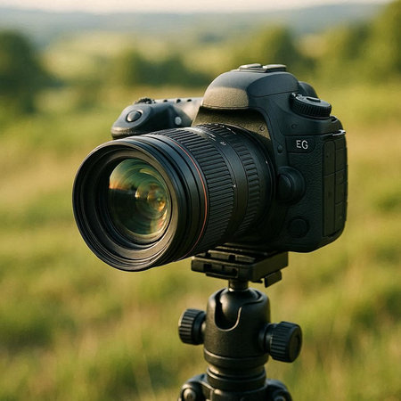 Professional camera on tripod in the field. Shallow depth of field.