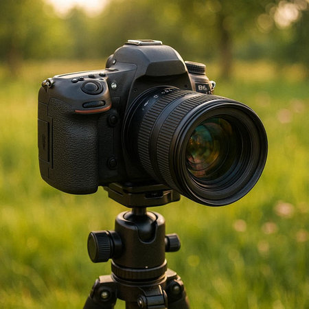 Professional photo camera on tripod in the field. Shallow depth of field