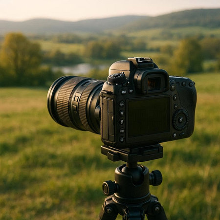 Camera on a tripod on a background of green grass and mountains.