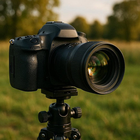 Camera on a tripod on a background of green grass and blue sky