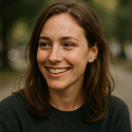 Portrait of a young woman with brown hair smiling at the camera