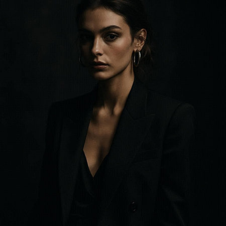 Portrait of a beautiful brunette woman in a black jacket on a dark background