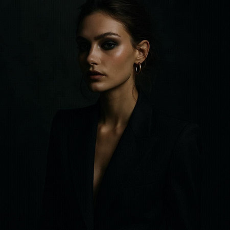 Portrait of a beautiful young woman in a black suit on a dark backgroundの写真素材