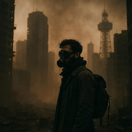 Man in gas mask and smoke on the background of the city.