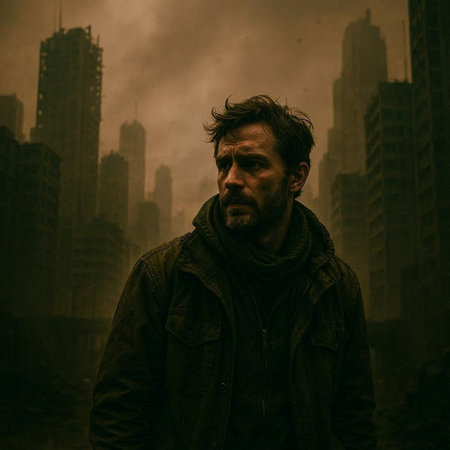 Portrait of a man in the middle of a foggy city