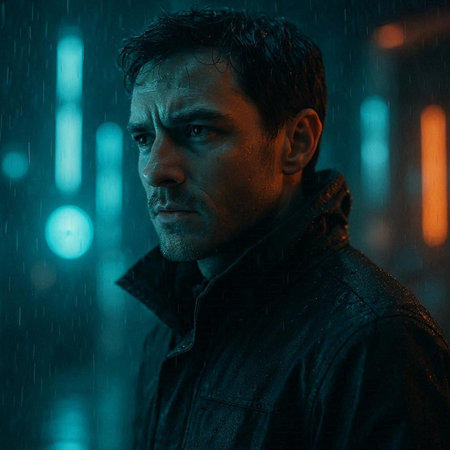 Portrait of a man in a raincoat at night in the rain