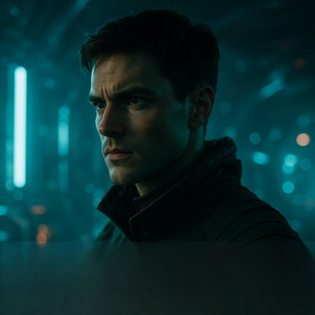 Portrait of a handsome man in a dark room with neon lights