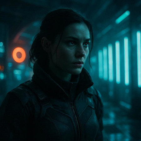 Portrait of a young woman in a dark corridor with neon lights