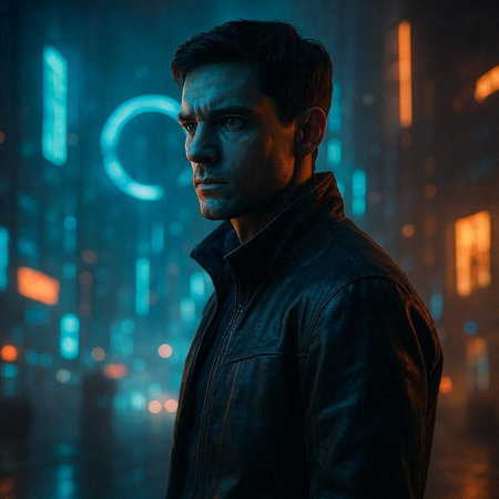 Portrait of a man in a black leather jacket on a background of night city.の写真素材