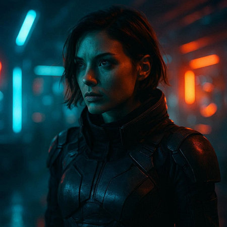 Portrait of a futuristic woman in a black leather jacket. Futuristic style.
