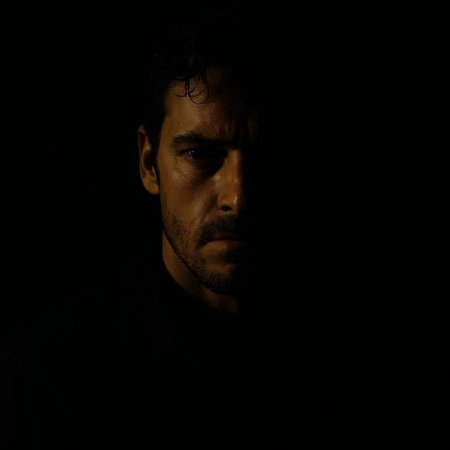 Portrait of a young man on a black background in the dark