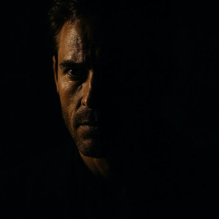 Portrait of a man in the dark. Close-up.