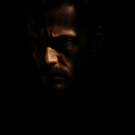 Portrait of a man in the dark. Close-up.