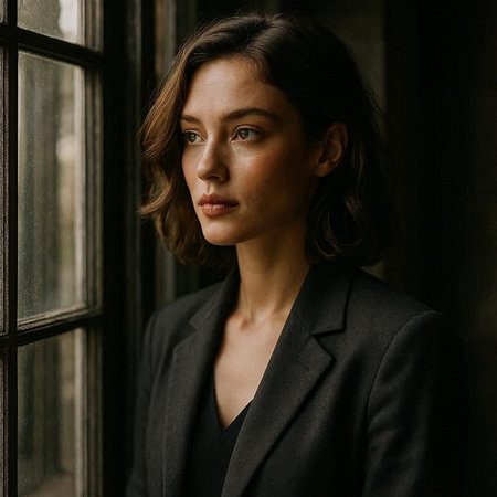 Portrait of a beautiful brunette woman in a black suit on the windowsill